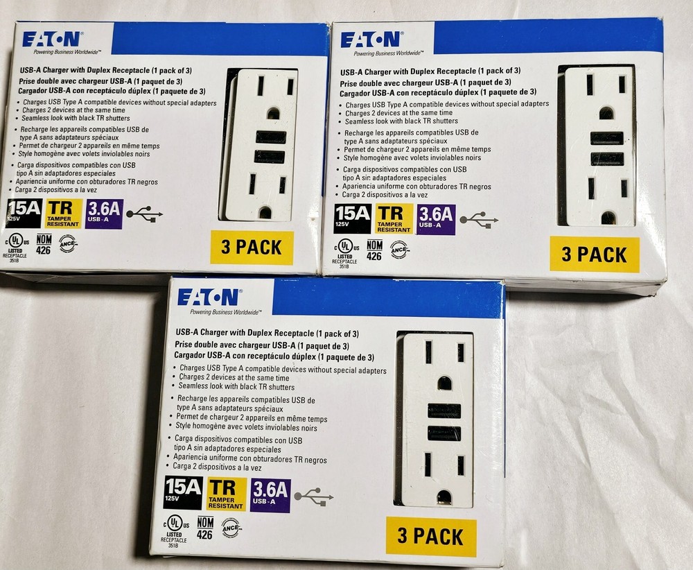 LOT OF 9 NEW Eaton TR7765W-3 USB-A Charger with Duplex Receptacle