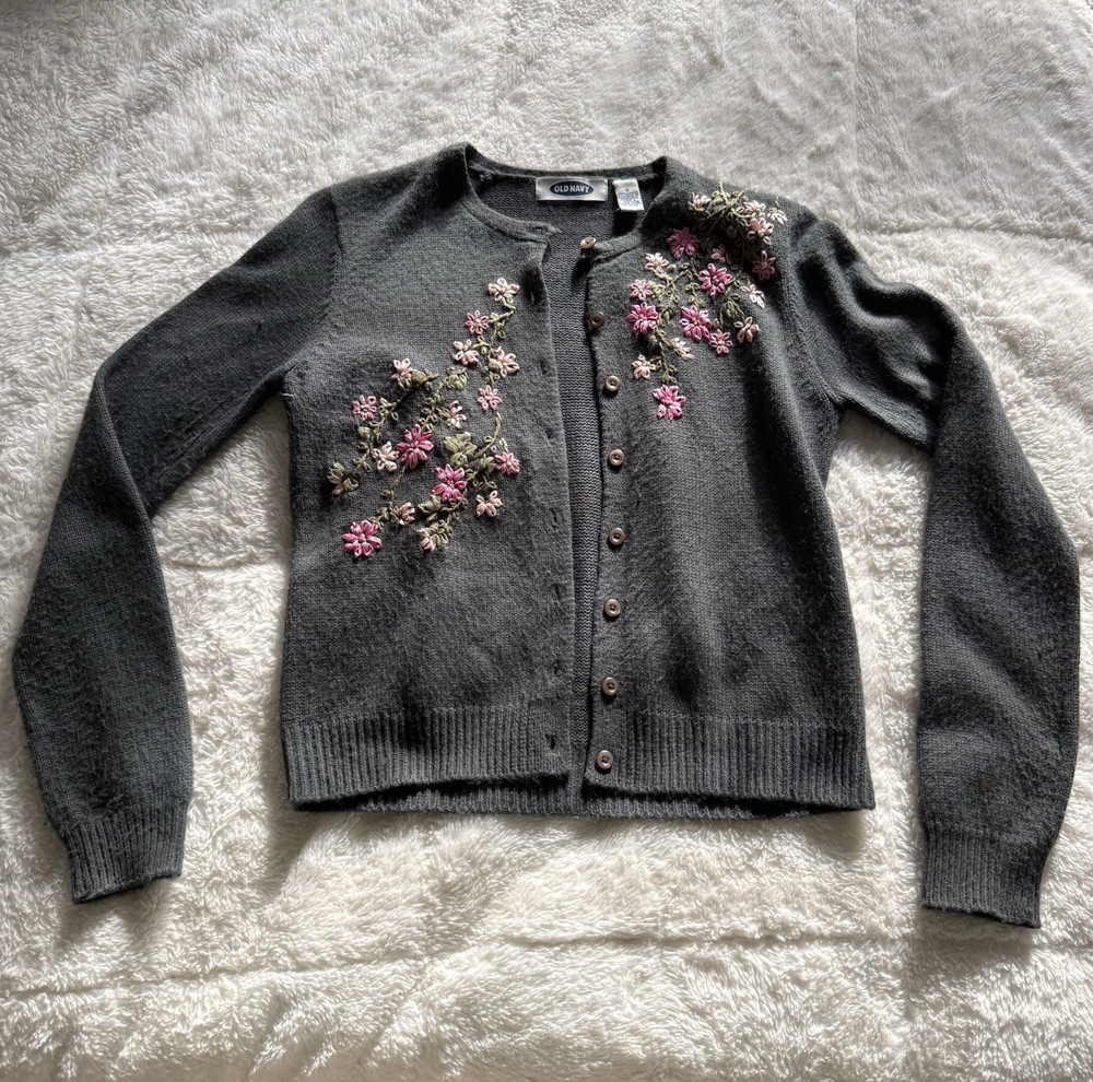 Old Navy Gray Floral Embroidered Button-Front Knit Acrylic Cardigan Sweater S
