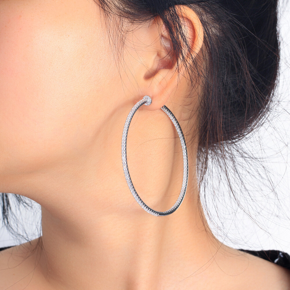 Oversize Silver Plated Large Circle Hoop Earrings for Women Cubic Zircon Jewelry