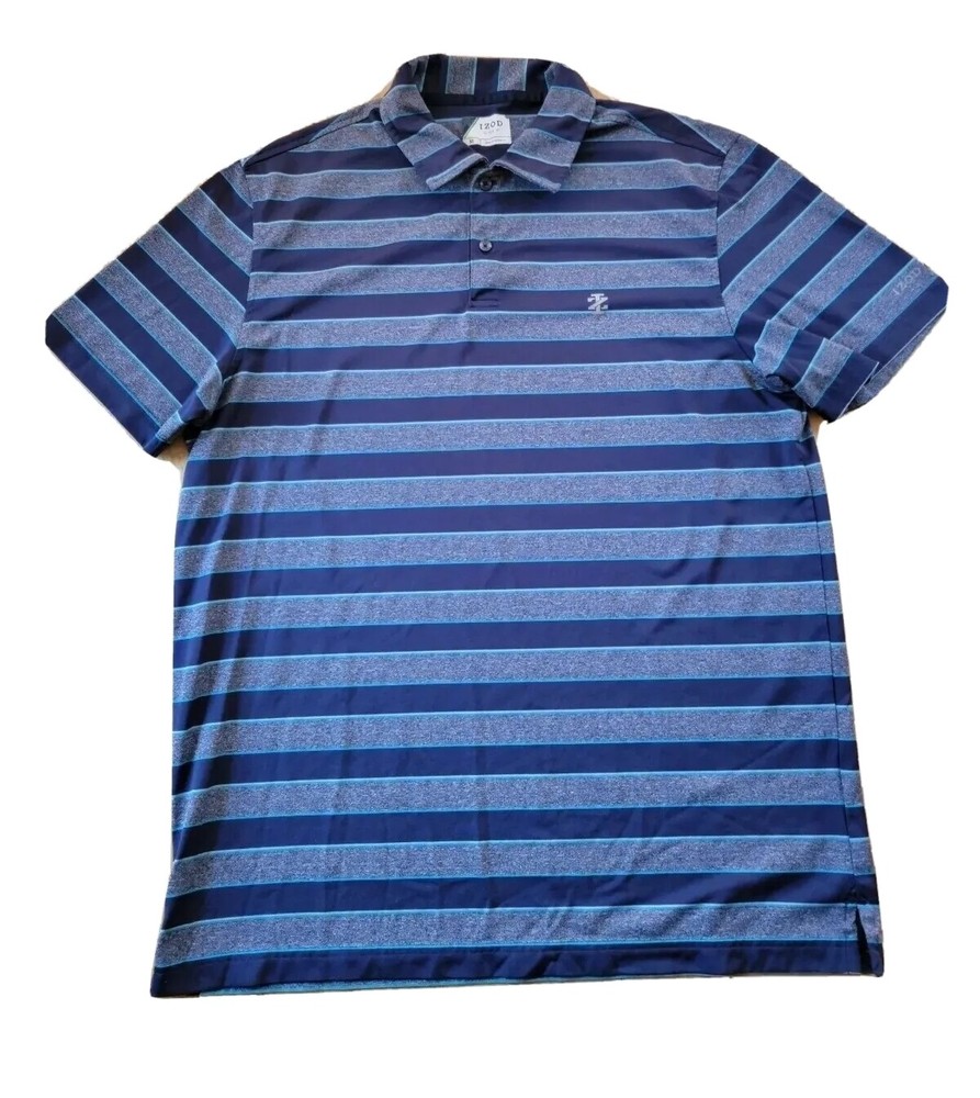 Izod Men's Golf Short Sleeve Polo Shirt Blue Striped Size Medium