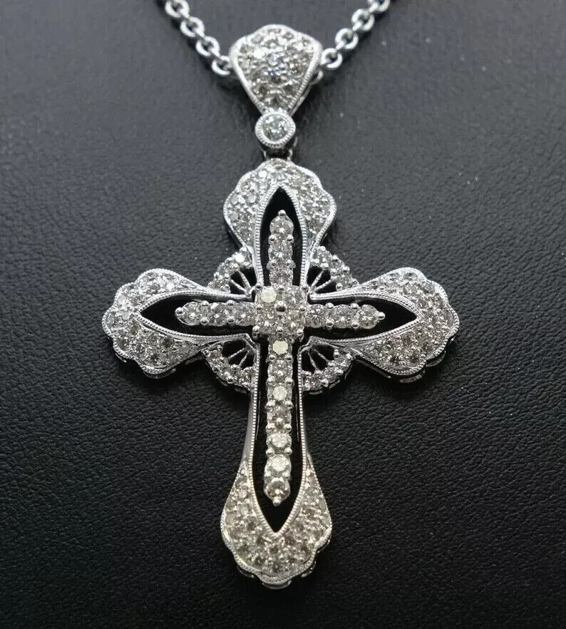 3.00 Ct Round Cut Moissanite Cross Charm Pendant Neckless 14K White Gold Plated