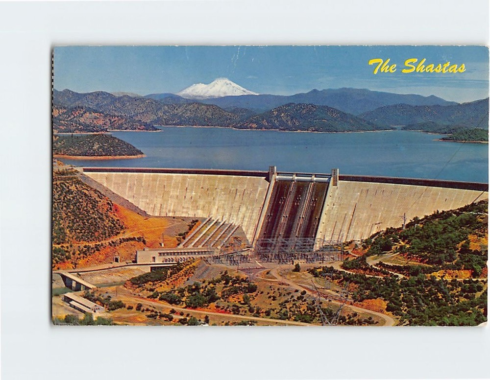Postcard The Shastas Mountain, Lake & Dam California USA