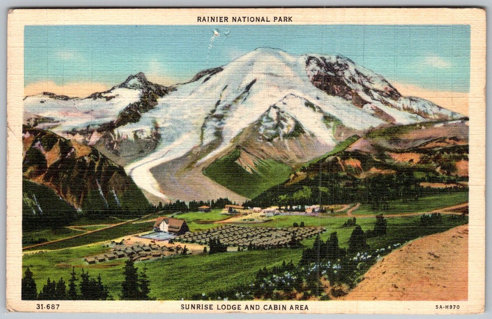 Vtg Linen Postcard Sunrise Lodge Cabin Rainier National Park, WA 1930s
