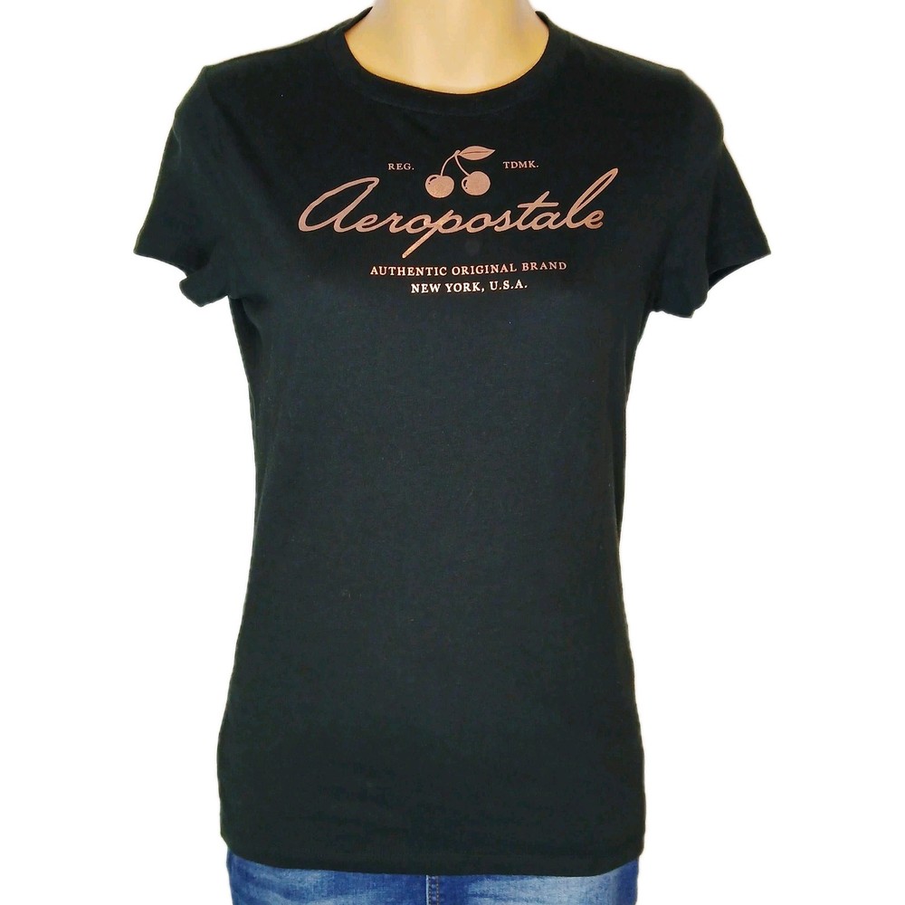 Aeropostale Women's Classic Crew T Shirt Size Small Black With Pink Shiny Text
