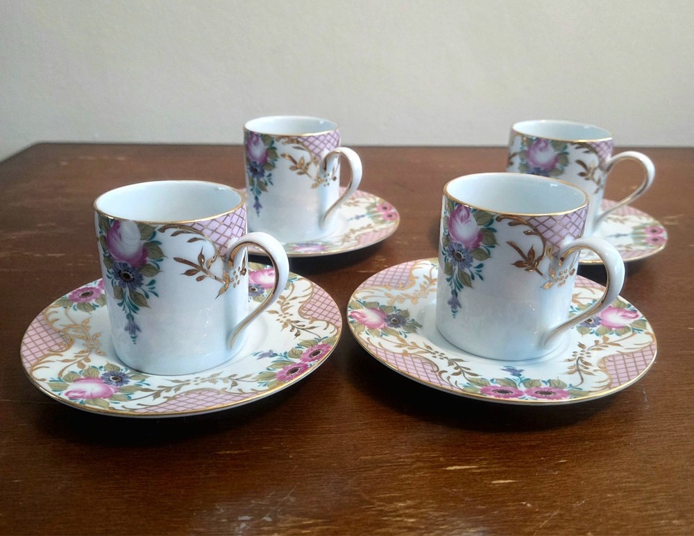 Set 4 T Limoges France Espresso Cups Saucers Pink Gold Floral Porcelain