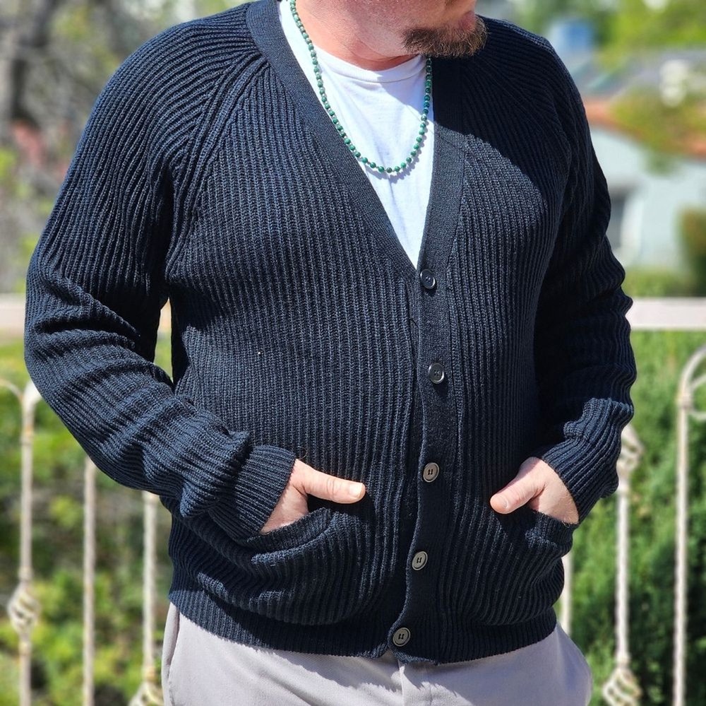 Vintage Oleg Cassini Men’s Black Acrylic Cardigan Sweater Made in Korea XL