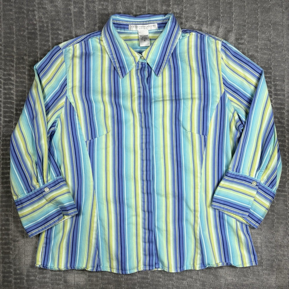 VTG 90s Y2K Geoffrey Beene Striped Blouse Blue Green Cotton Button Up Sz 16