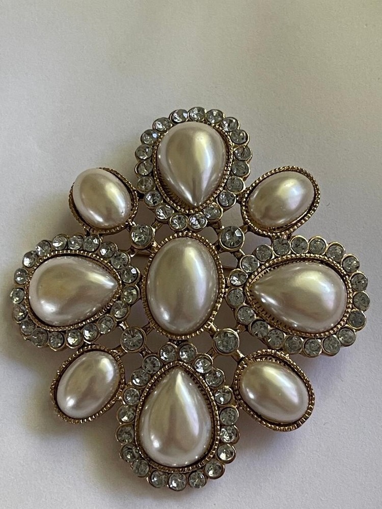 Vintage Faux Pearl And Rhinestone   Brooch