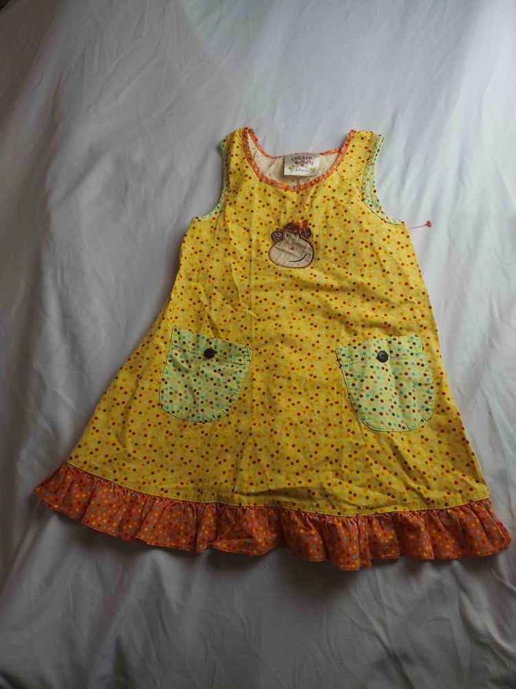 Chicken Noodle Dress Girls Small Yellow Polka Dot Ruffle Hem Sleeveless A-Line