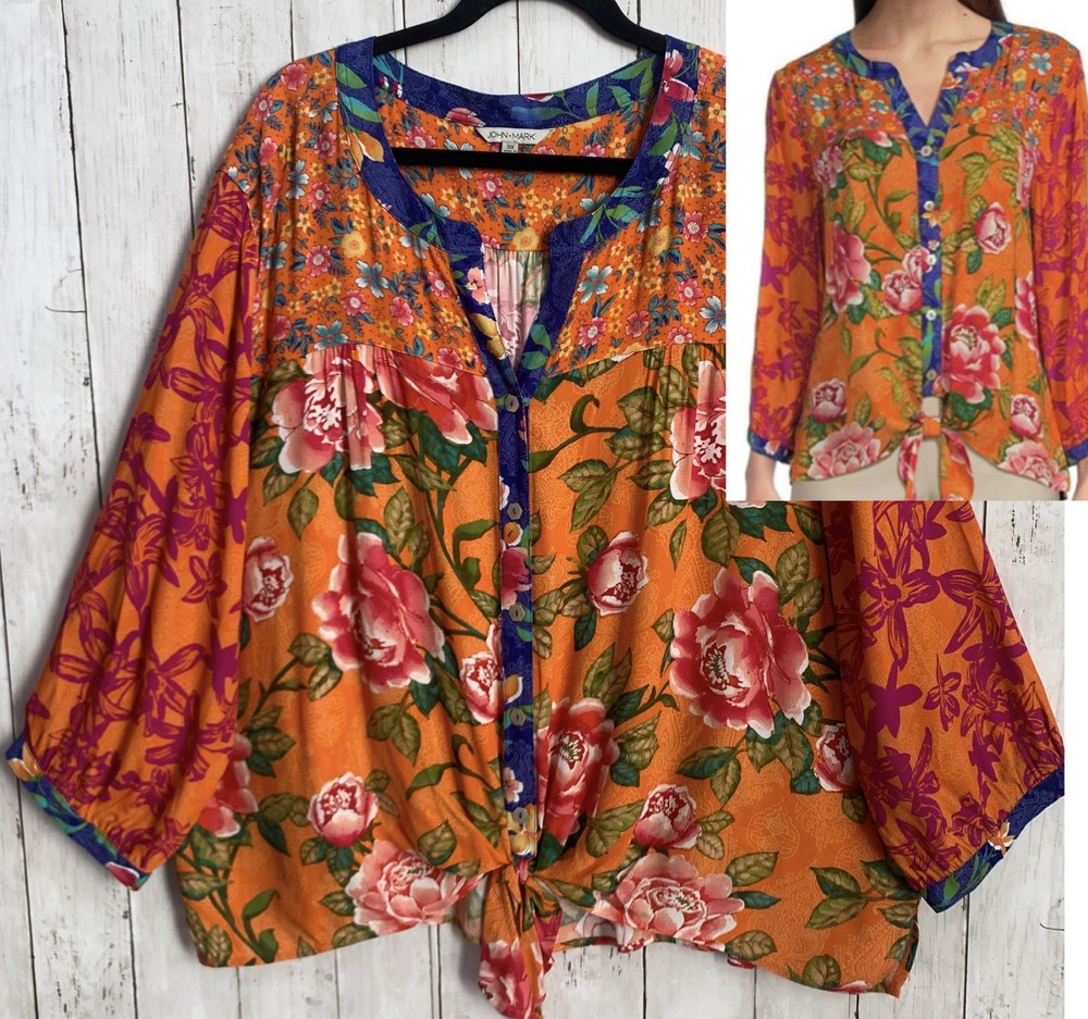John Mark 3X Orange Rose Floral Button Down Tie Front Boho Top Long Sleeve NWT