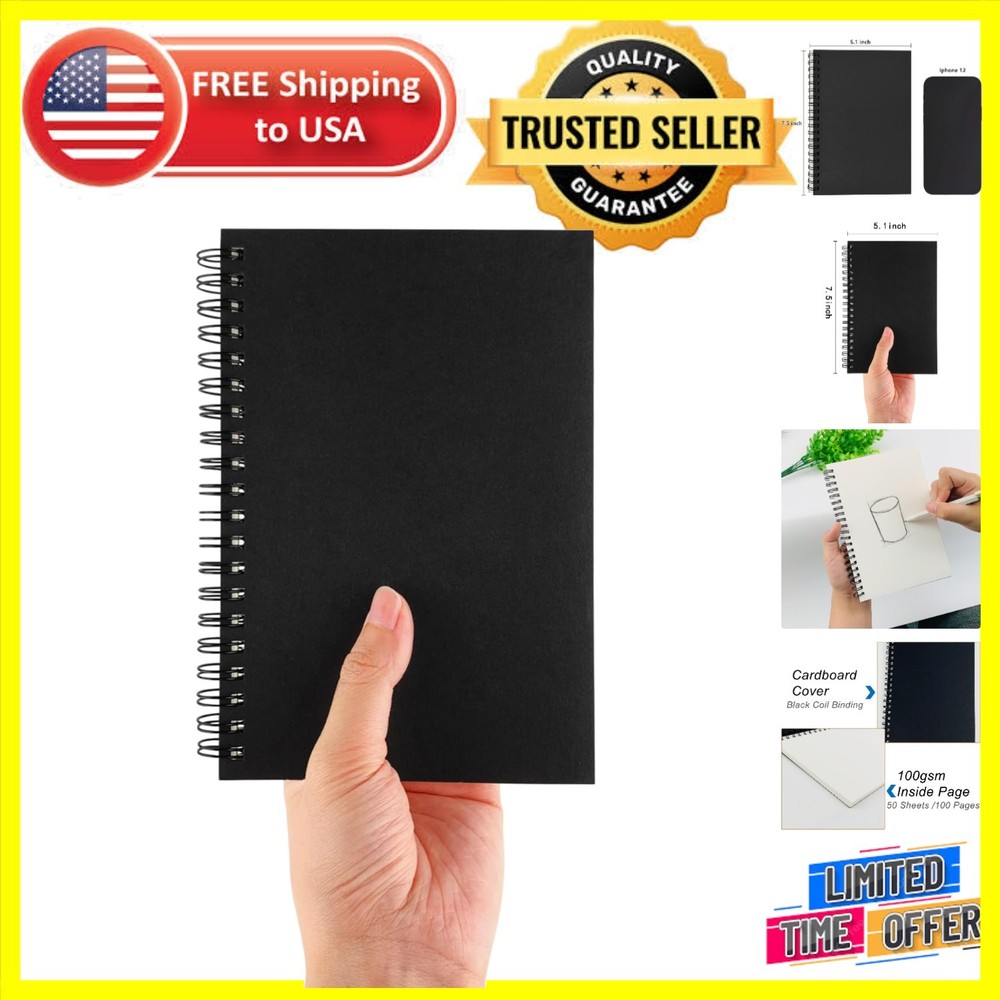 Compact Black Spiral Notebook - 100 Blank Pages for Journaling & Sketching