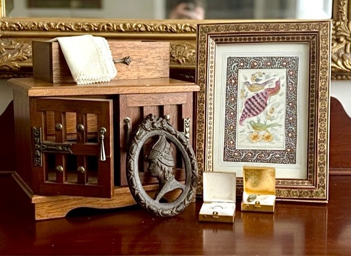 Persian Khatam Frame Royal Sealy Box Victorian Pendant Abalone Cast Iron Lot