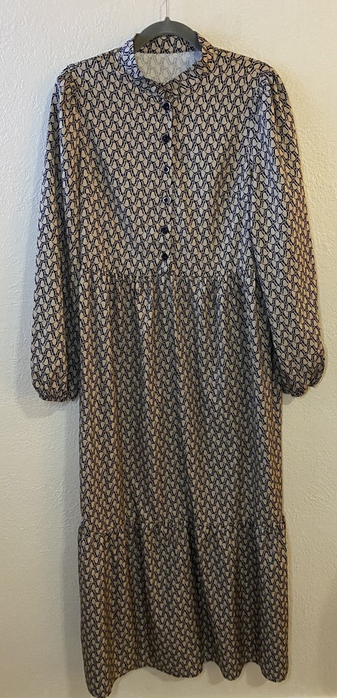 Elegant Long-Sleeve Tiered Midi Dress High Neck Geometric Pattern Cottagecore L