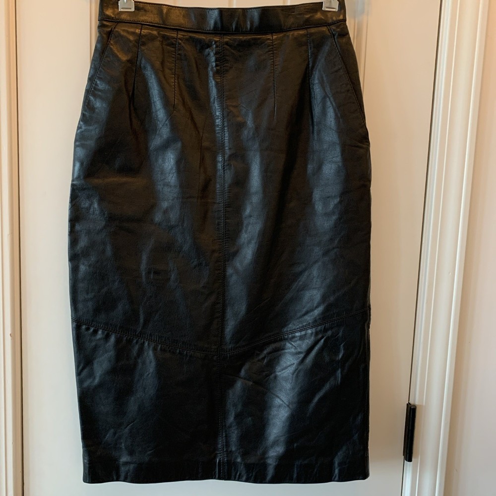 Pelle Cuir Vtg Black Leather Pencil Skirt High Waisted Midi Size 10 Style 2387