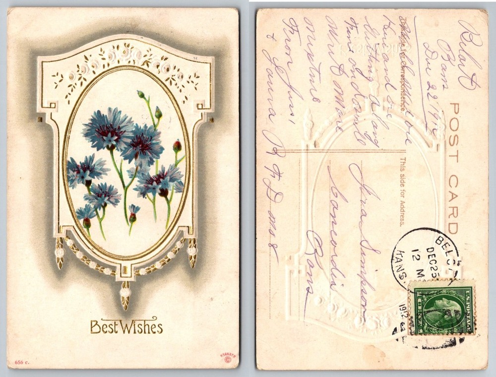 1912 Embossed Cornflower Best Wishes Postcard Beloit KS Postmark