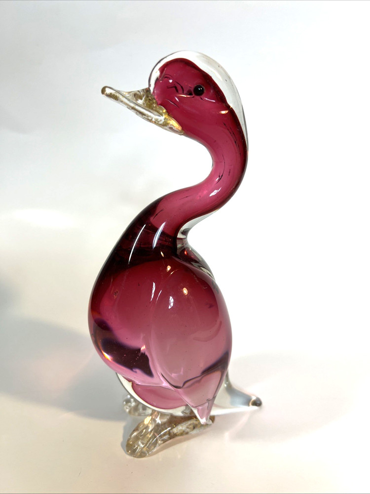 Vintage Murano Barbini Sommerso Glass Goose Duck Cranberry Glass Gold Beak