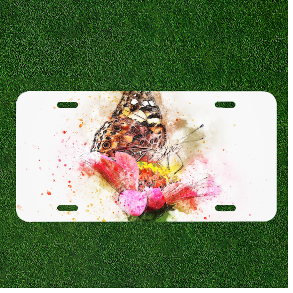 Custom Personalized License Plate Auto Tag With Butterflu And Flowers Design