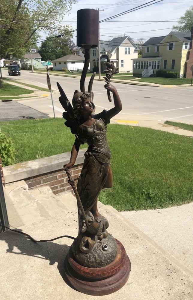 French Antique “Gloire” Art Nouveau Spelter Bronze Goddess Lamp Signed “Mage”