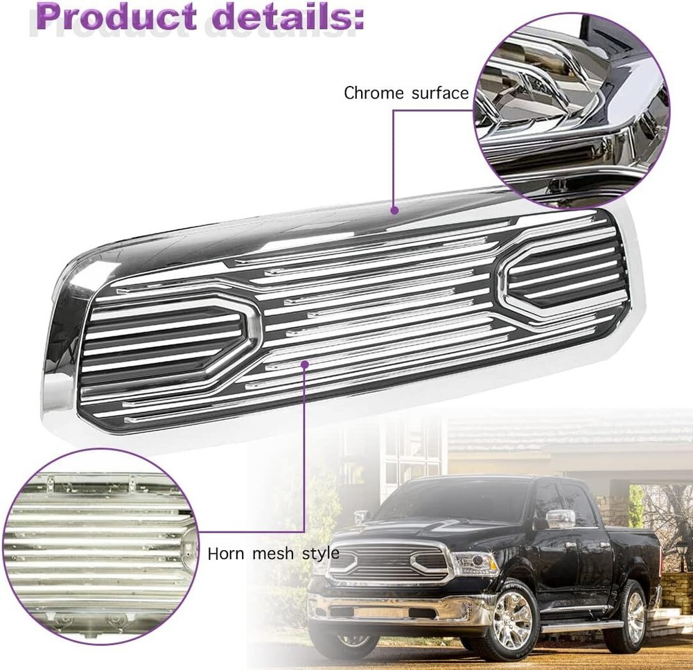 Front Grille Fit For 2013-2018 Dodge Ram 1500 Chrome Big Horn Hood Bumper Grill