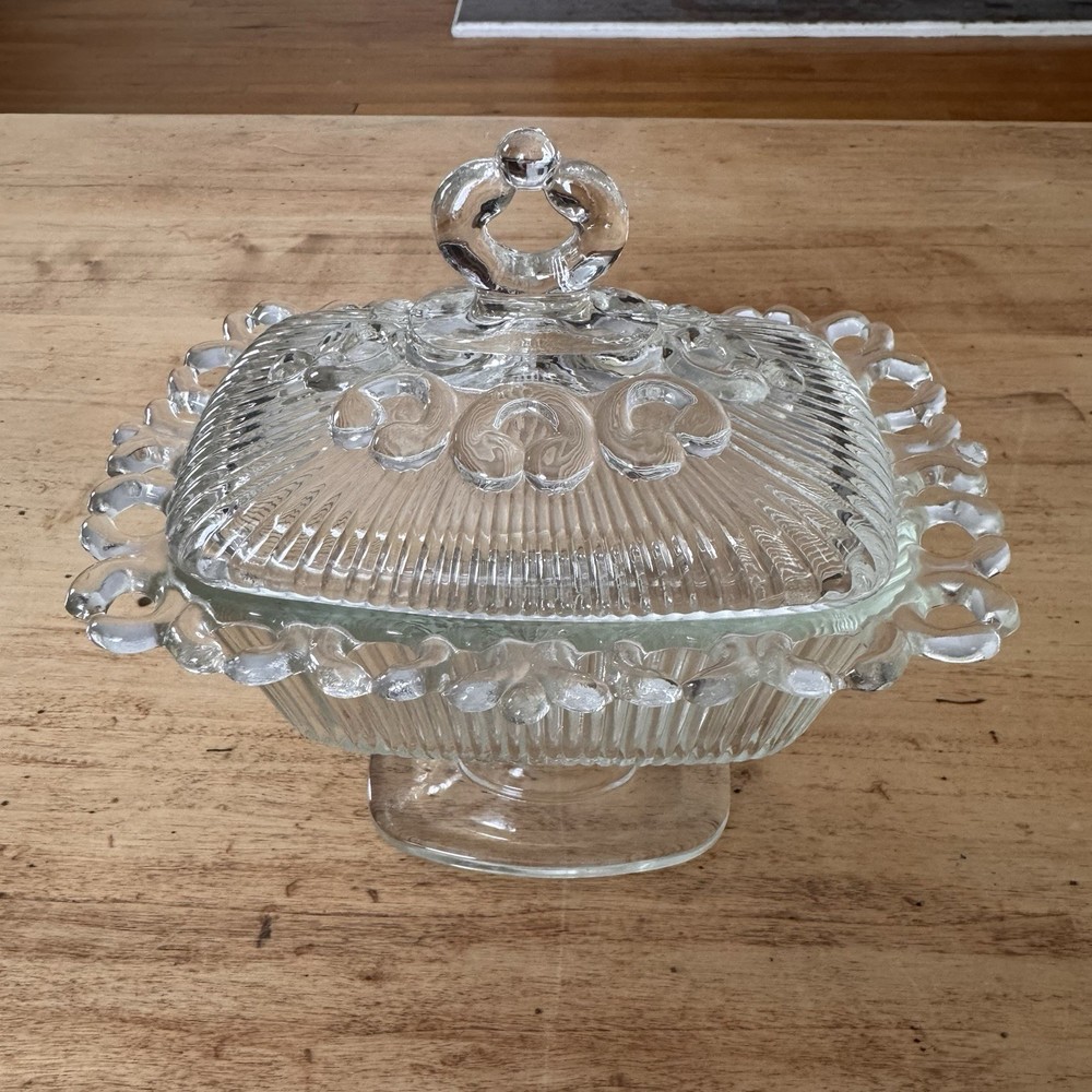 Vintage Indiana Glass Lace Edge Candy Dish with Matching Lid Clear