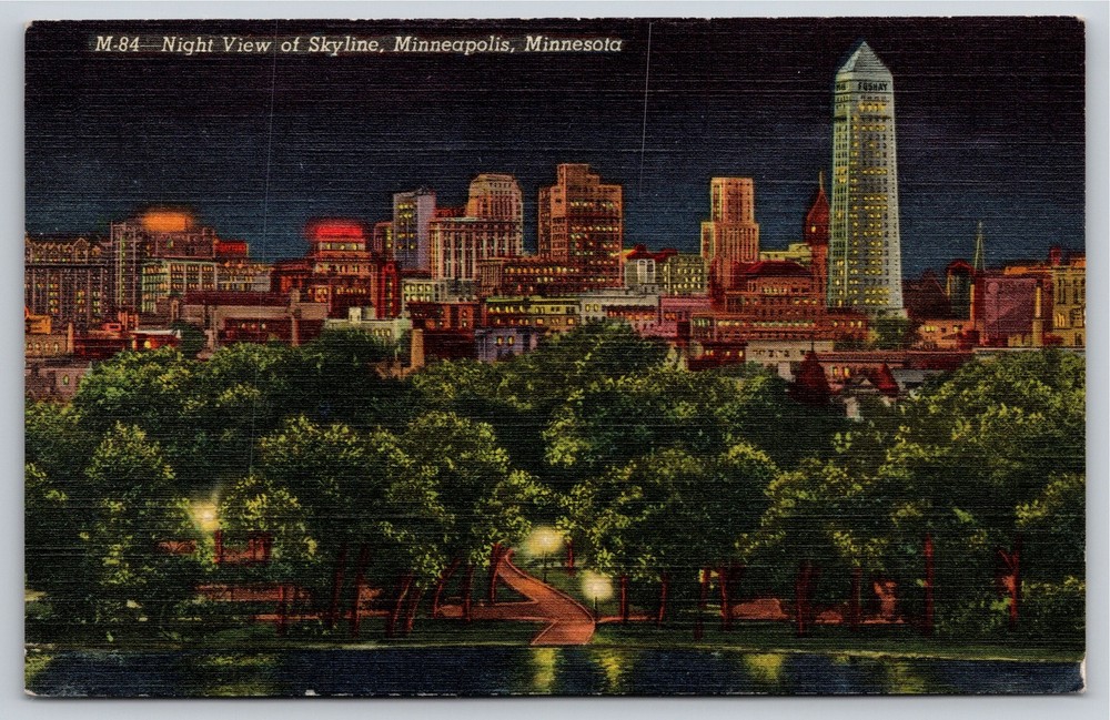 Minneapolis Minnesota~Skyline At Nioght~Vintage Linen Postcard