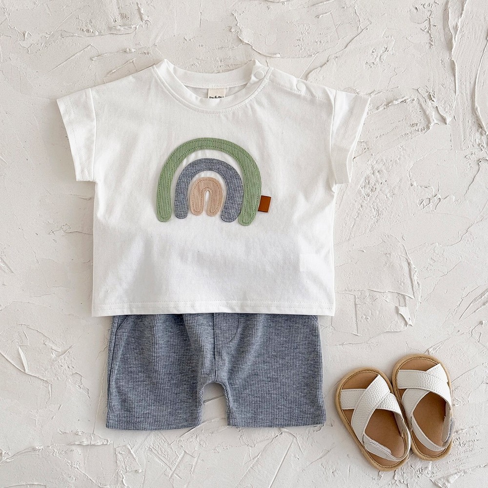 2Pcs Summer Baby Clothes Sets Rainbow Embroidered T-Shirt+Shorts Casual Toddler
