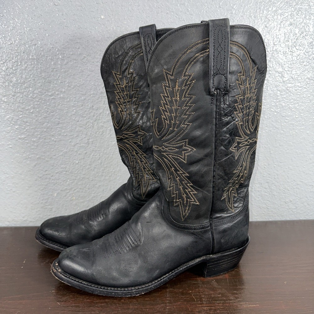 Lucchese 1883 Black Leather Embroidered Cowboy Boots Round Toe 9D