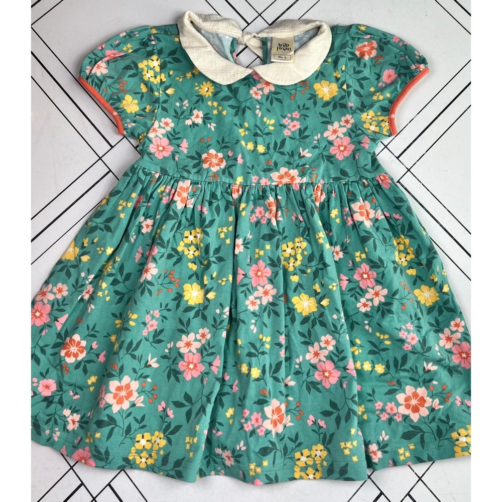 Wildflowers Teal Green Floral Collared Tie Back Girl's Tunic Blouse Size 6