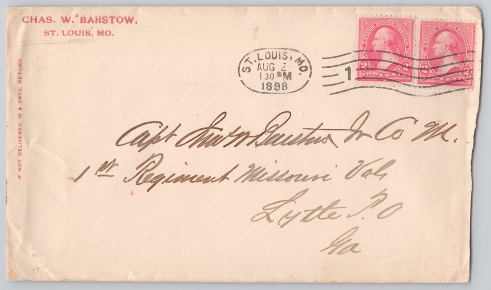 St. Louis, MO, Chas. W. Barstow imprint address side, Un 1898 ACE