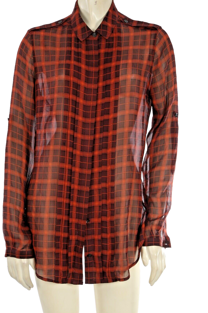 BURBERRY BRIT Brick Silk Plaid Collared Semi Sheer Long Sleeve Button Blouse S
