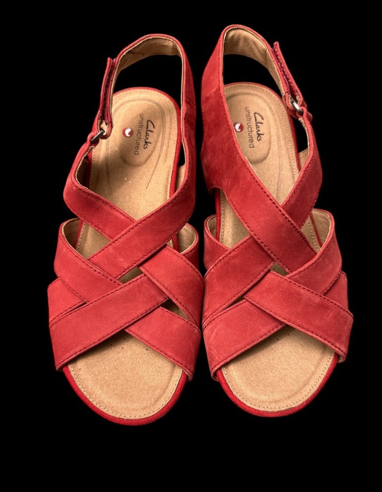 Clarks Red Nubuck Platform Wedge Sandal Capri Step 261-49643