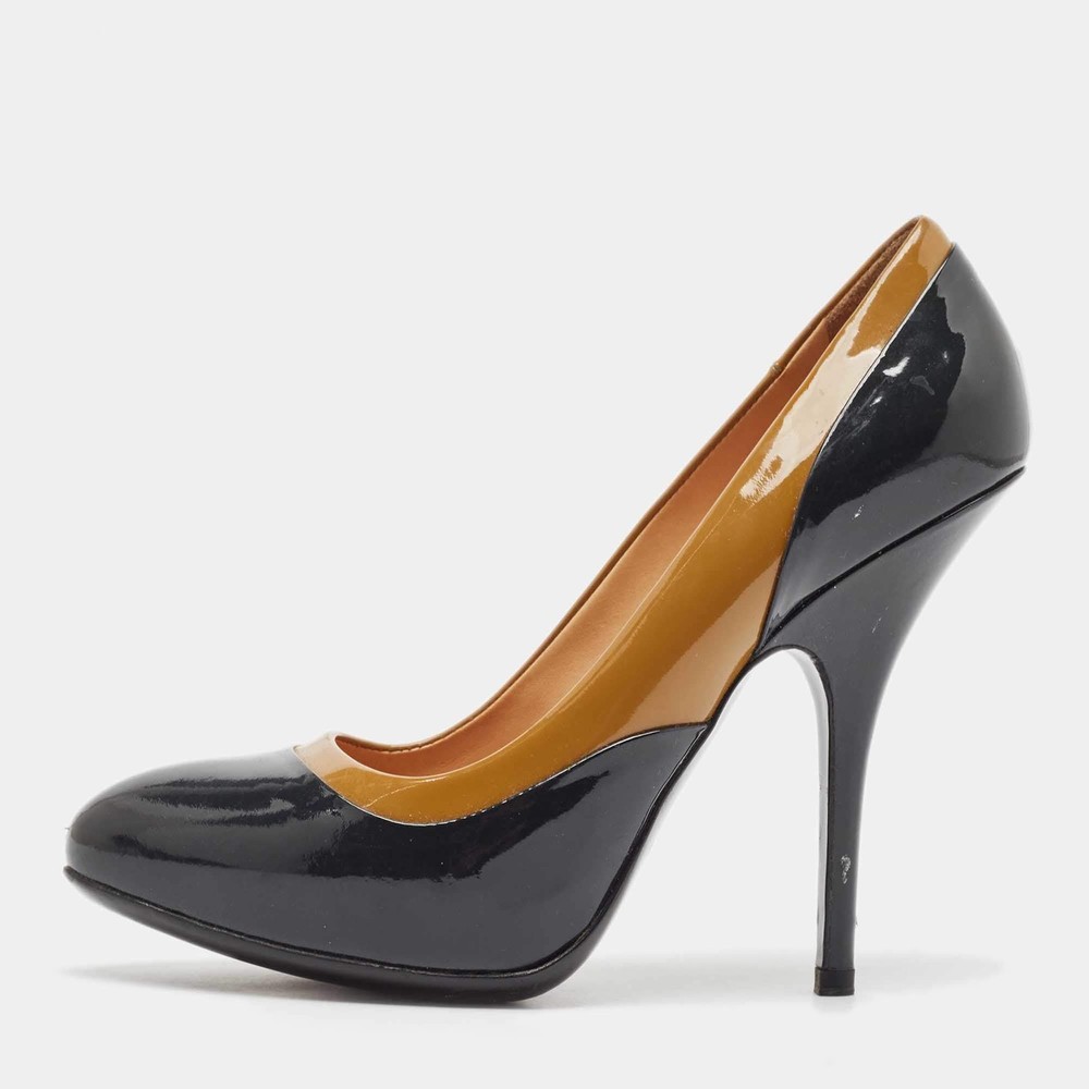 Lanvin BrownNavy Blue Patent Leather Round Toe Pumps Size 38.5