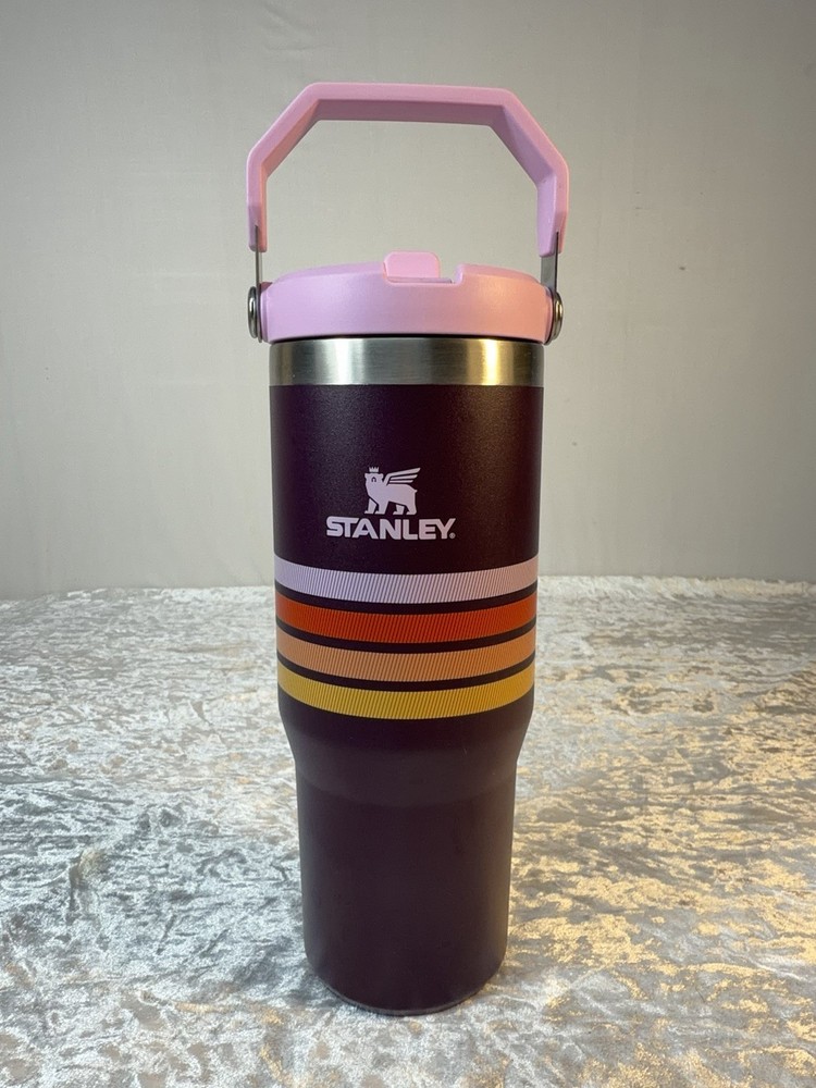 Stanley 30oz IceFlow Flip Straw Tumbler Retro Stripe Pink Handle Cup