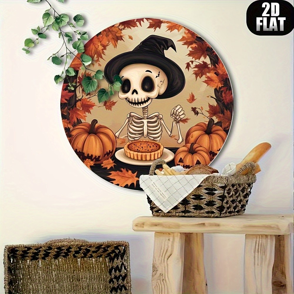 Retro Halloween Skull Witch Pumpkin Pie Autumn Leaves Round Metal Sign