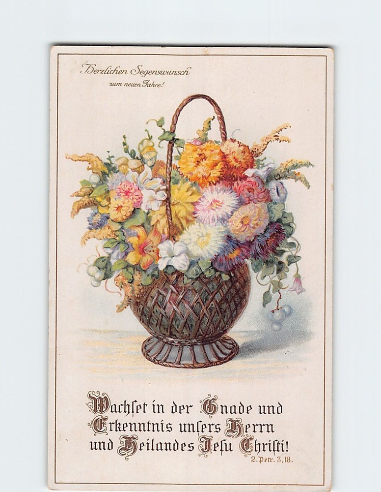 Postcard Basket of Flowers Art Print Blessing Message Greeting Card