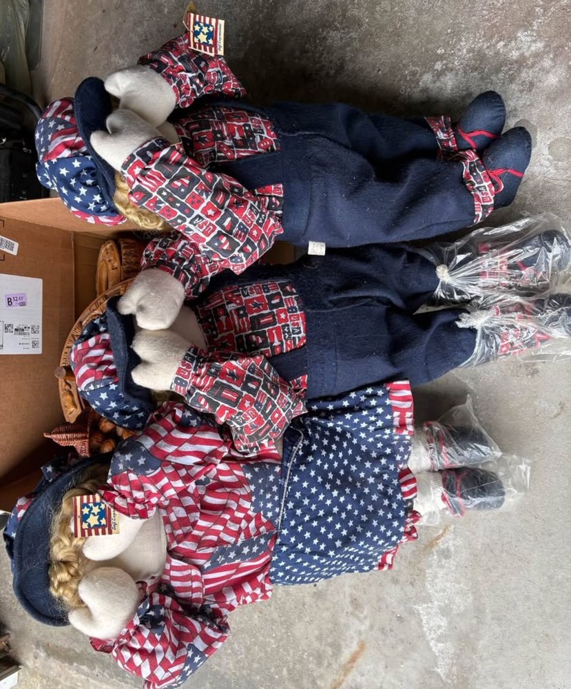 Vintage Hand Made Raggedy Ann Fabric Doll - Patriotic Theme - Set of Three