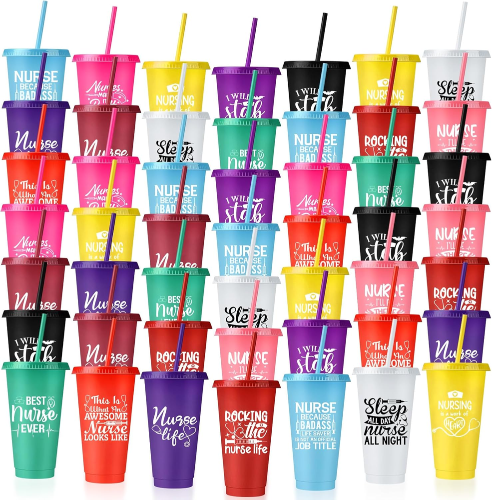 50 Pcs Nurse Appreciation Tumbler with Straw and Lid Bulk Nurse Thanksgiving Chr