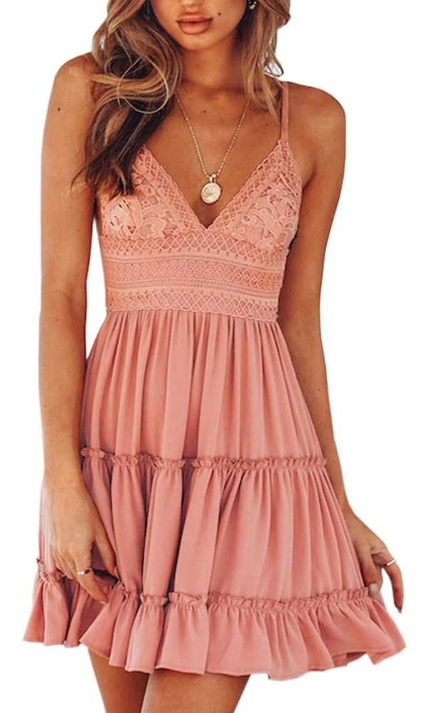ECOWISH Summer Dresses for Women V-Neck Spaghetti Strap Bowknot Backless