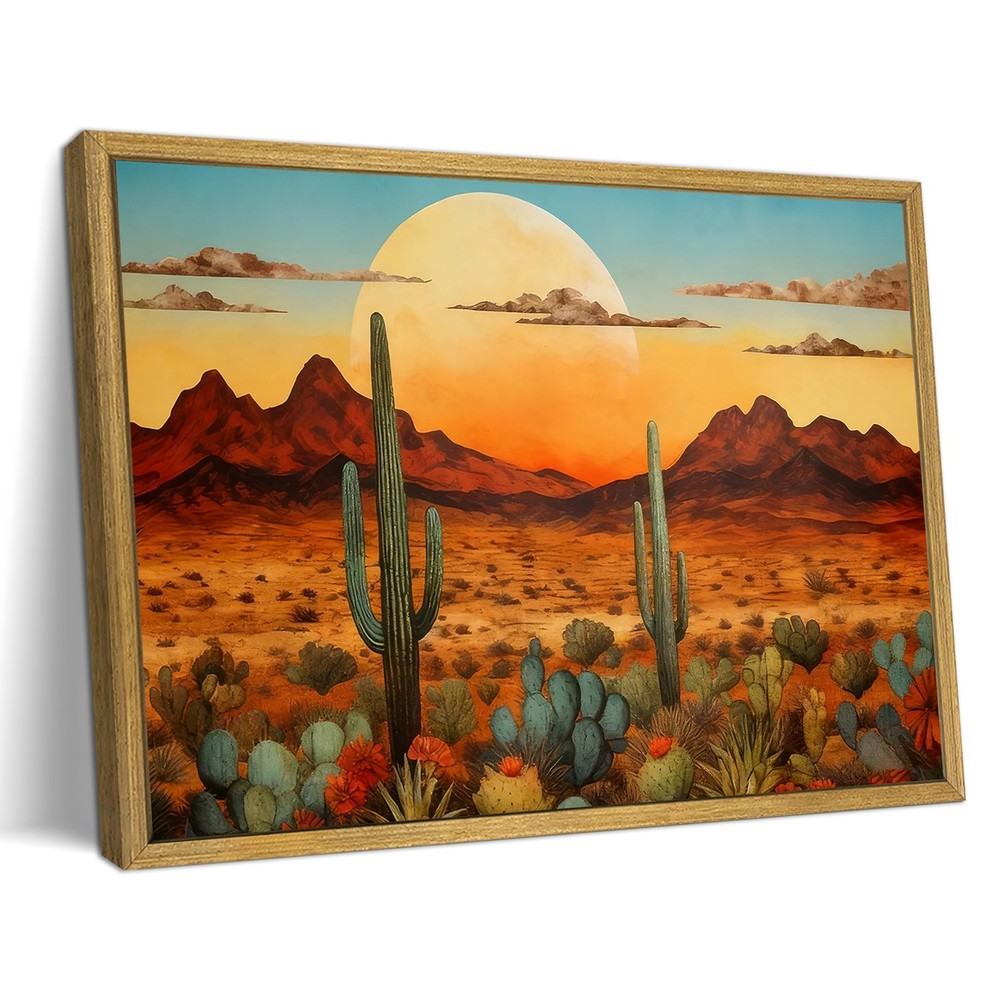 Framed Western Desert Sunset Cactus Wall Art, Vintage Southwest Nature Landsc...