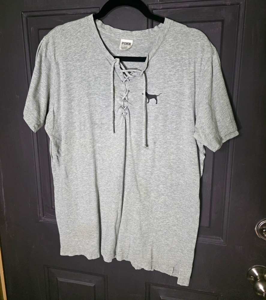 PINK Victoria's Secret Gray Lace-Up Round Neck Short Sleeve T-Shirt Womens S