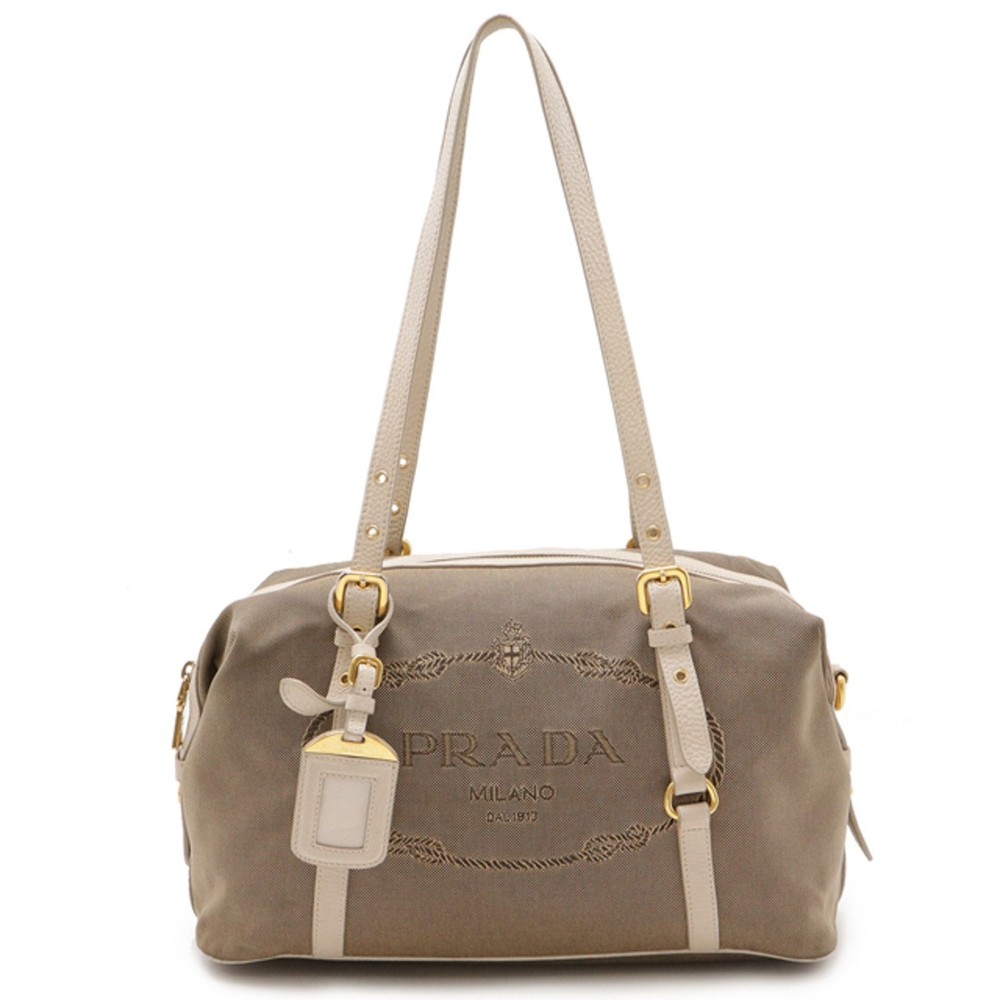 RARE PRADA Jacquard Mini Boston Tote Bag in Canvas & Leather with Logo