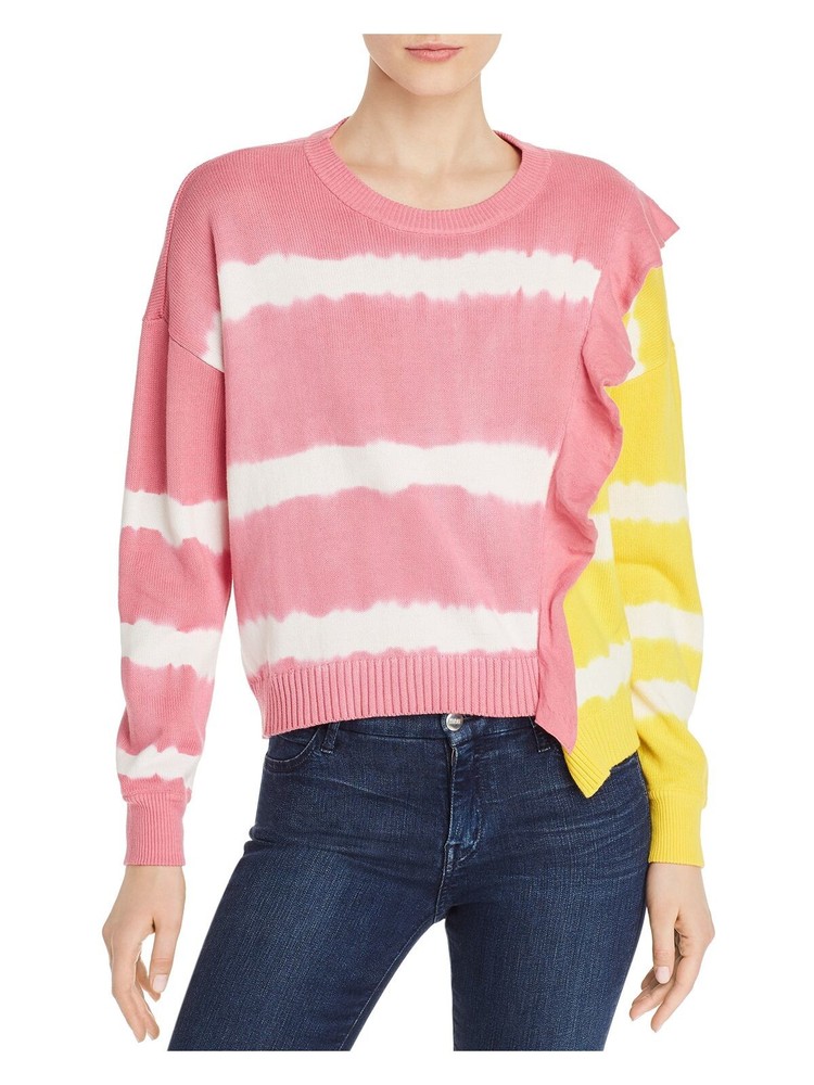 PARKER Womens Pink Ruffled Color Block Long Sleeve Scoop Neck Top Medium