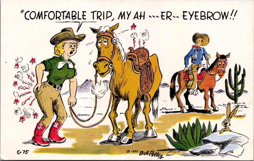 Vintage 1952 Bob Petley Laff Card C-75 Humorous Cowboy Cowgirl Postcard