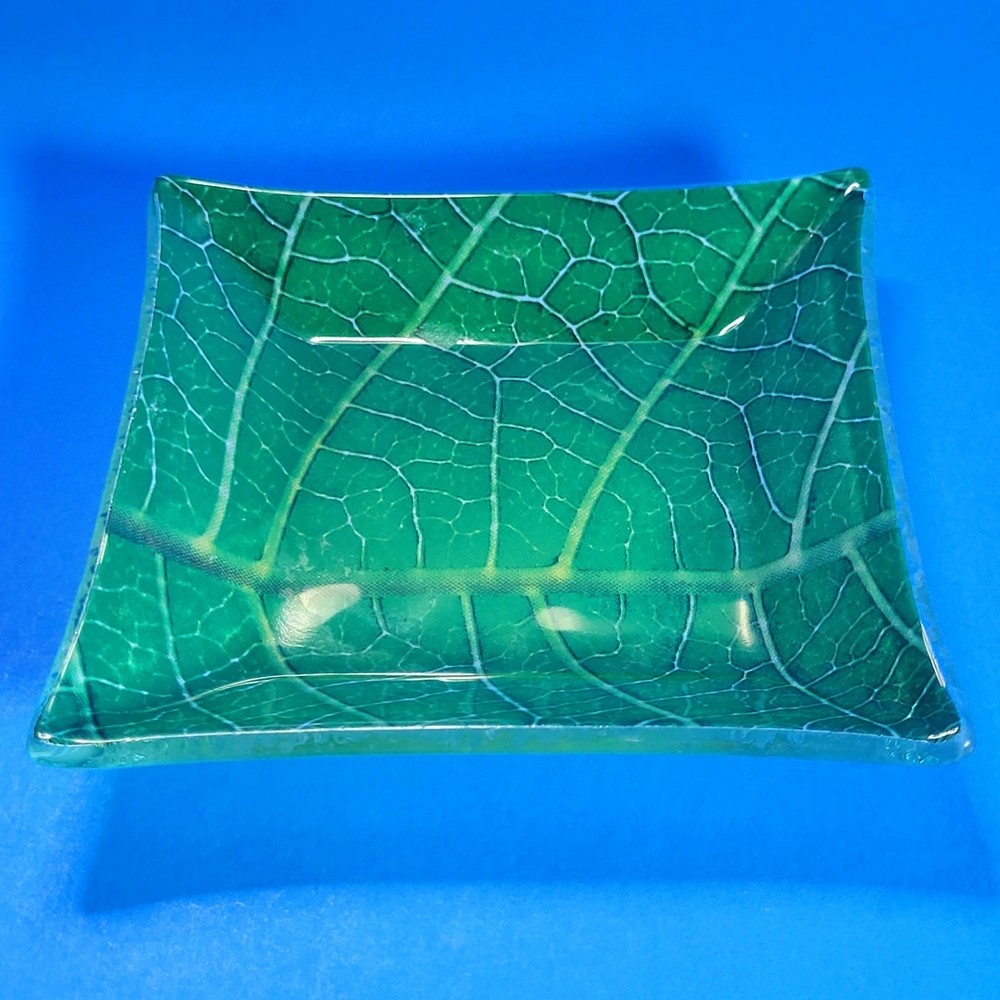 Square Glass Candle Plate Holder Leaf Patterned Tray 4