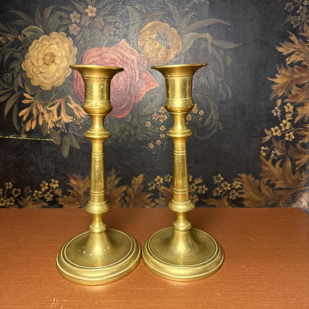 Vintage Brass Candlestick Holders Pair 7.5” Tall Georgian Colonial Style Heavy