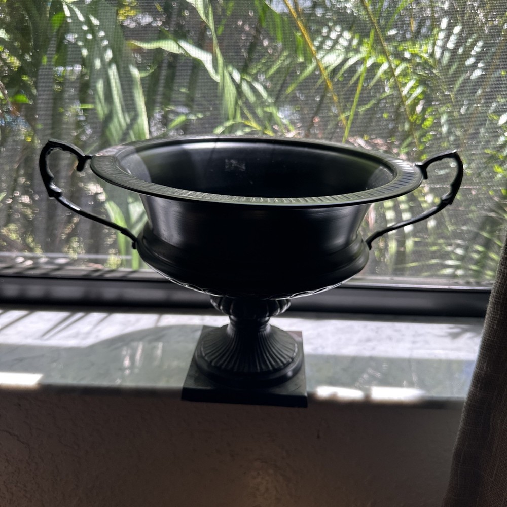 antique black finish metal trophy urn planter with scrolled handles