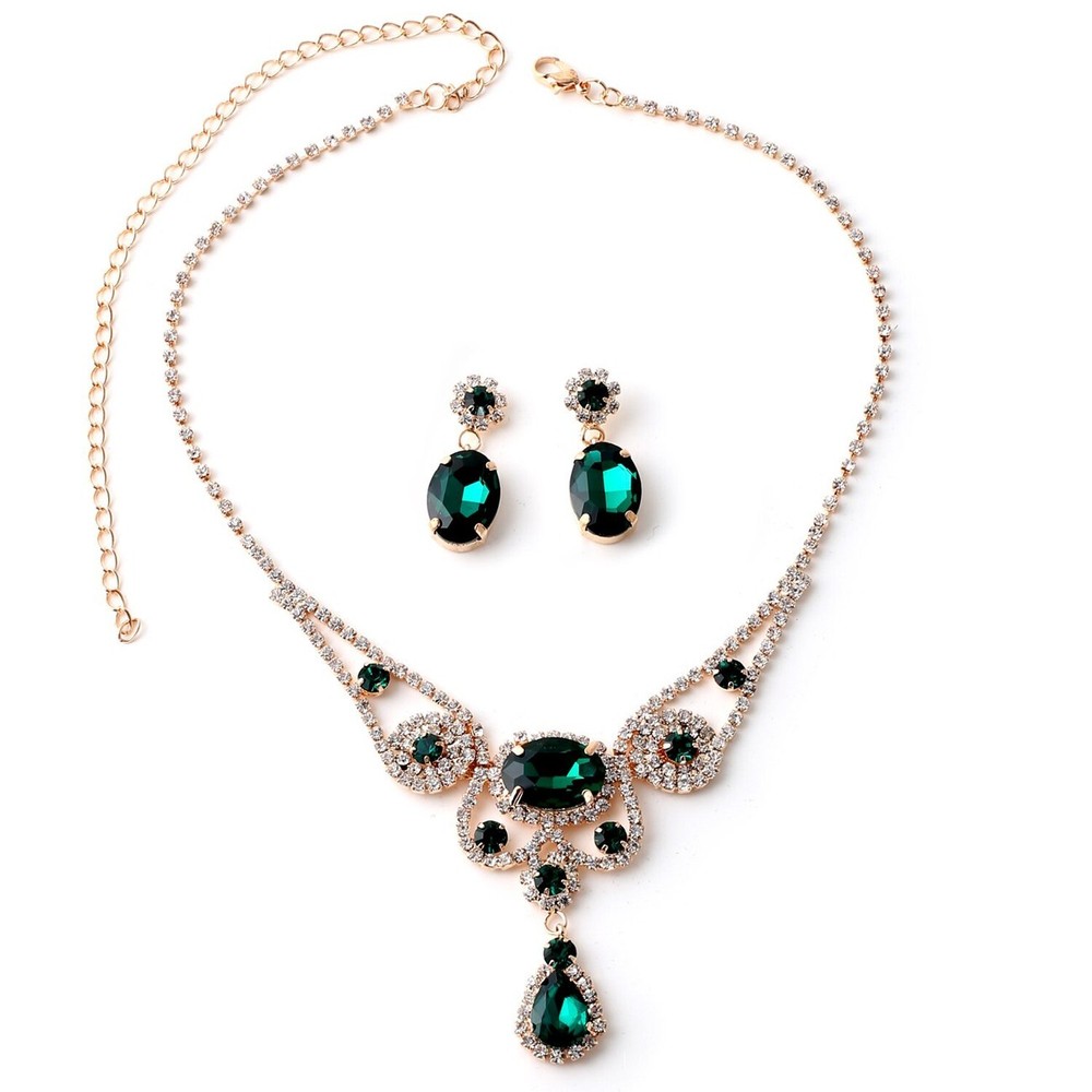 Gold Emerald Green Crown Shape Teardrop Necklace & Oval Shape Dangle Earrings...
