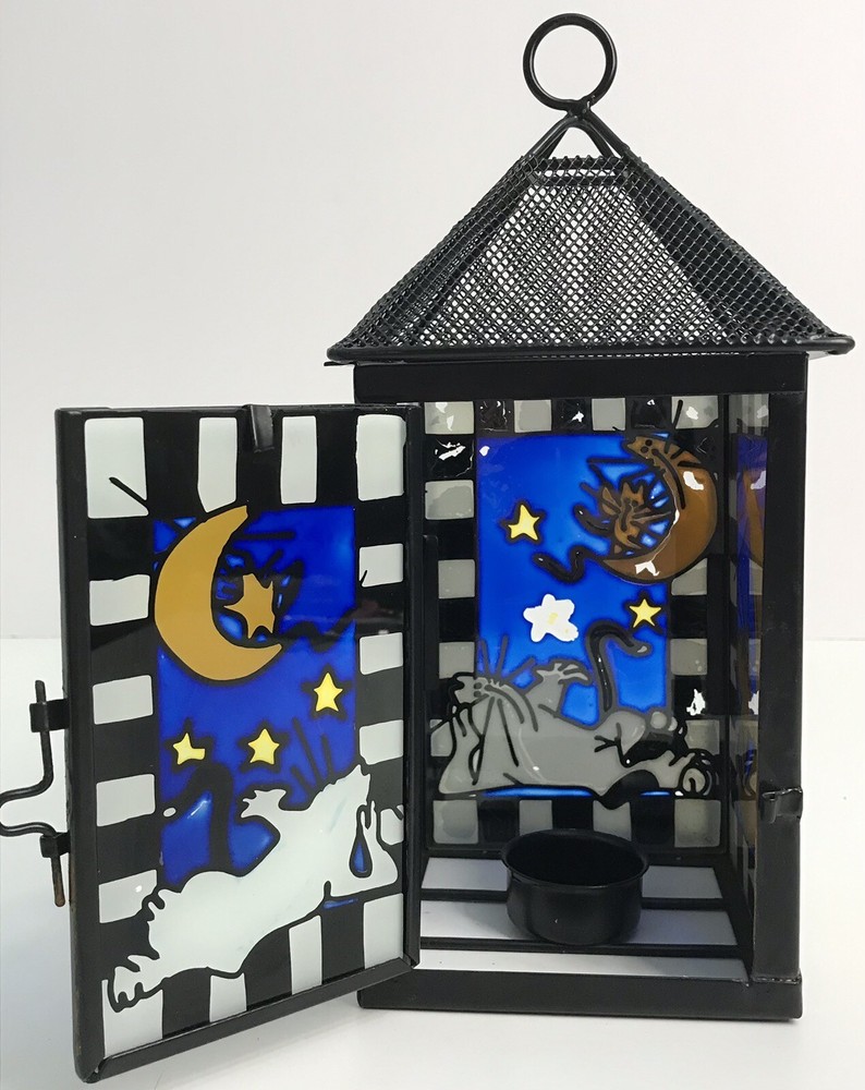 Cat & Moon Stained Glass Votive Candle Holder Lantern Metal