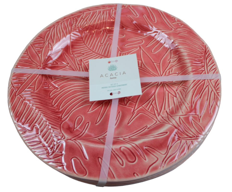 Acacia Home Melamine Dinner Plate Set 4 Tropical Leaf Coral Pink Summer 11