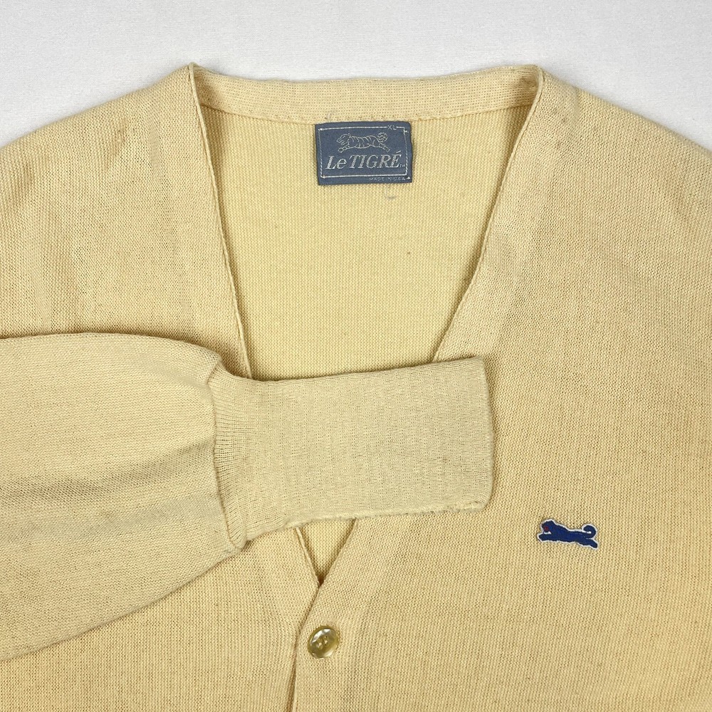 VTG 70s Le Tigre 100% WOOL Mens XL Tiger Patch Cardigan Sweater Blue V Neck USA